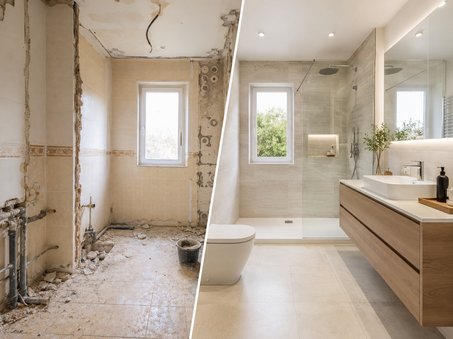 Montaje del antes y el después de un baño con revestimientos beige