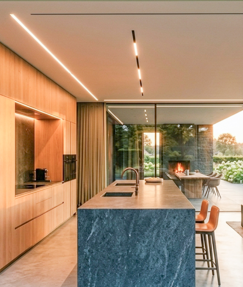 Cocina abierta con isla, zona de comedor y amplias ventanas