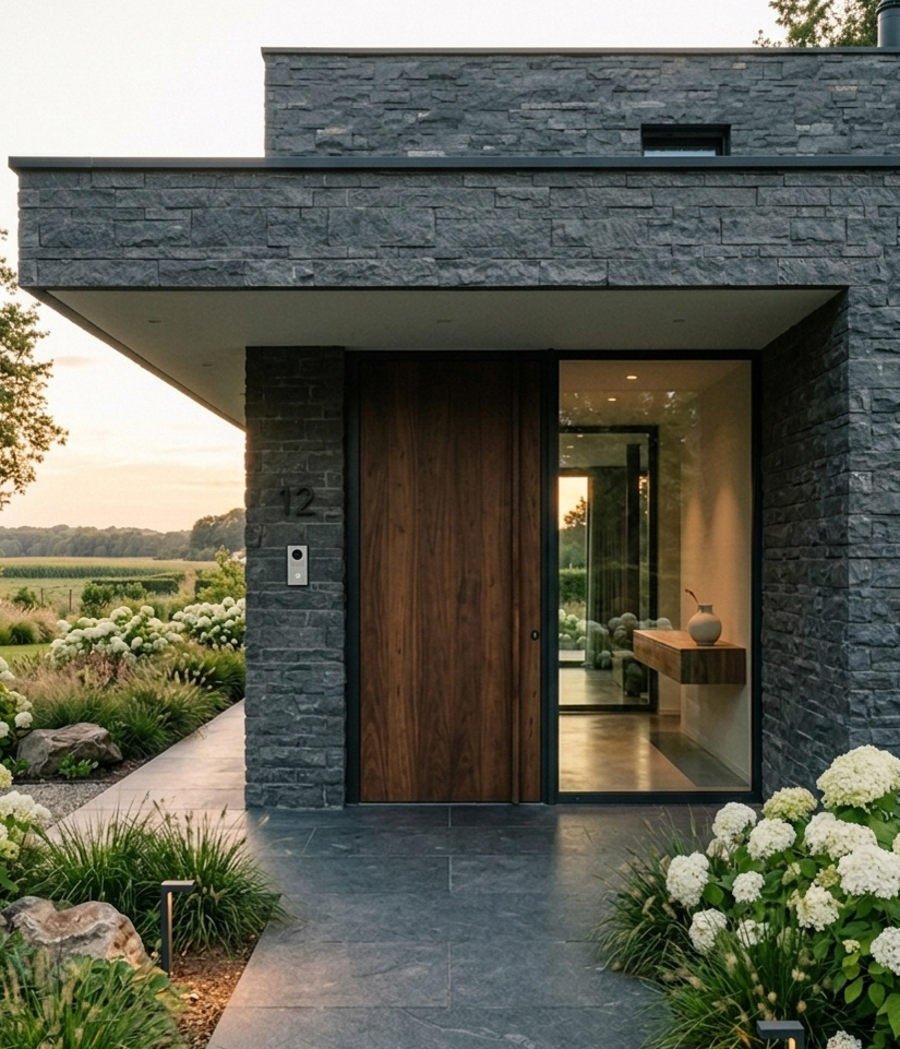 Vivienda compacta rodeada de vegetación