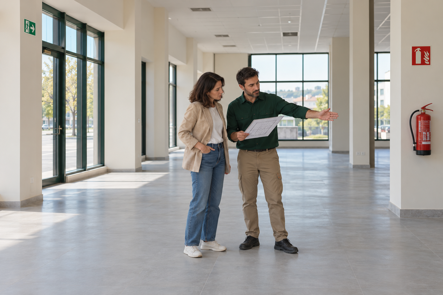 Tres personas revisando planos y muestras de materiales