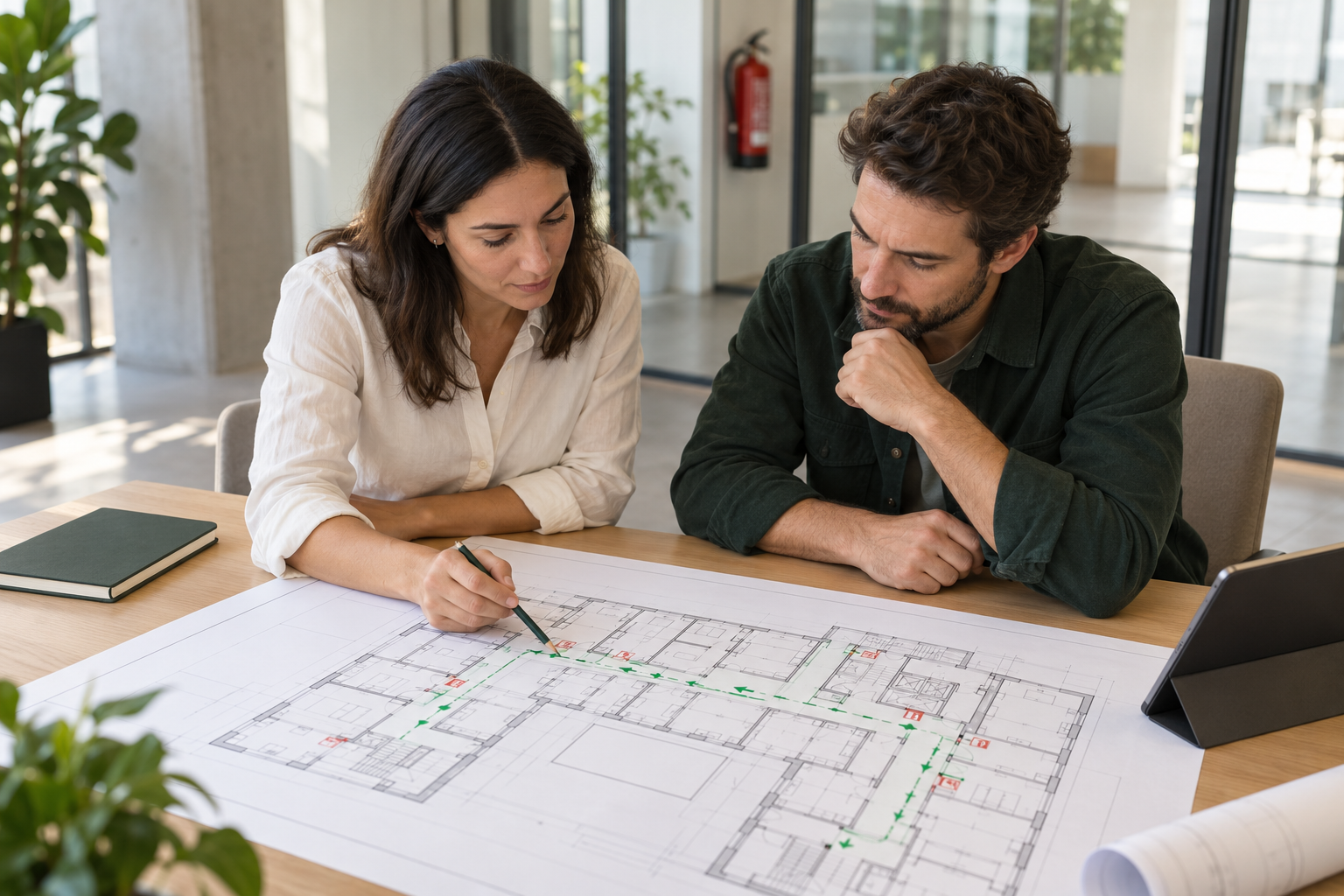 Tres personas revisando planos y muestras de materiales